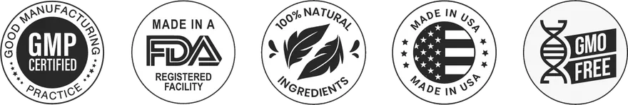 GMP certified, made in an FDA-registered facility, natural ingredients, made in USA and GMO-free badges